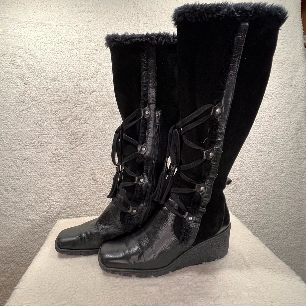 Nine West Black Suede/Leather with Faux Fur-Trim Knee-High Boots